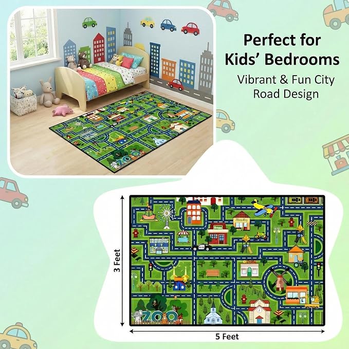 Non Slip City Road Traffic Carpet for Toy Cars, Kids Play Rug 3x5 Feet Education Town Map with Zoo and Shop Learning Area Rug for Boys Girls Playroom Bedroom