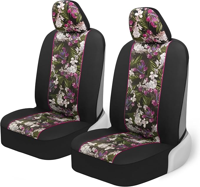 BDK Pink Flower Faux Leather Car Seat Covers for Front Seats, 2 Pack – Floral Pattern with Matching Headrest, Easy Installation, Fits Most Car Truck Van and SUV, Catalina Floral