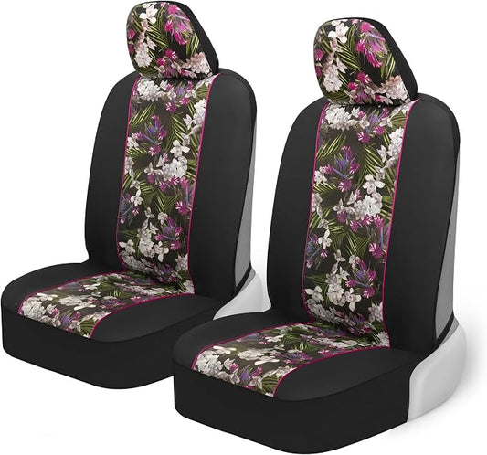 BDK Pink Flower Faux Leather Car Seat Covers for Front Seats, 2 Pack – Floral Pattern with Matching Headrest, Easy Installation, Fits Most Car Truck Van and SUV, Catalina Floral