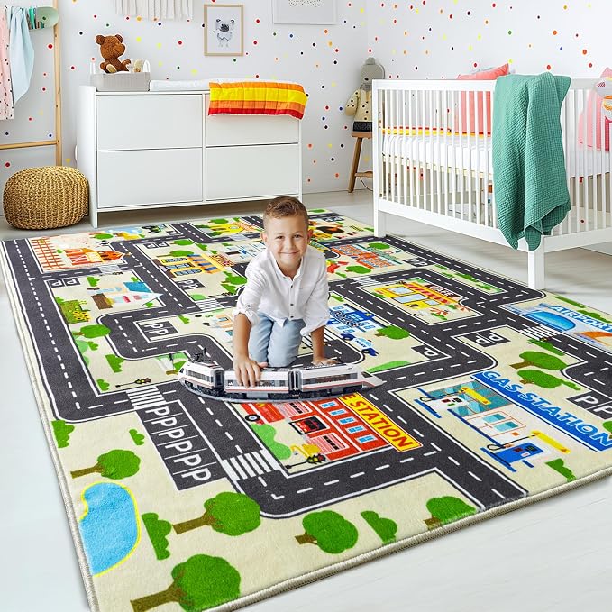 Car Rug Play Mat for Kids Toy Cars, City Road Traffic Playmat for Kid Bedroom, Non-Slip Machine Washable Kids Rugs for Learn and Have Fun 4'x5'/ 48"x60", Beige
