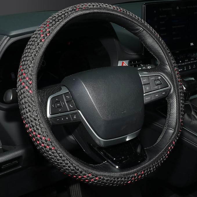 KAFEEK Elastic Mesh Car Steering Wheel Cover, Cute Black Red, 15 Inch | Cooling Breathable Fabric, Non Slip Protector for Women Men, Summer Winter, Universal Fit