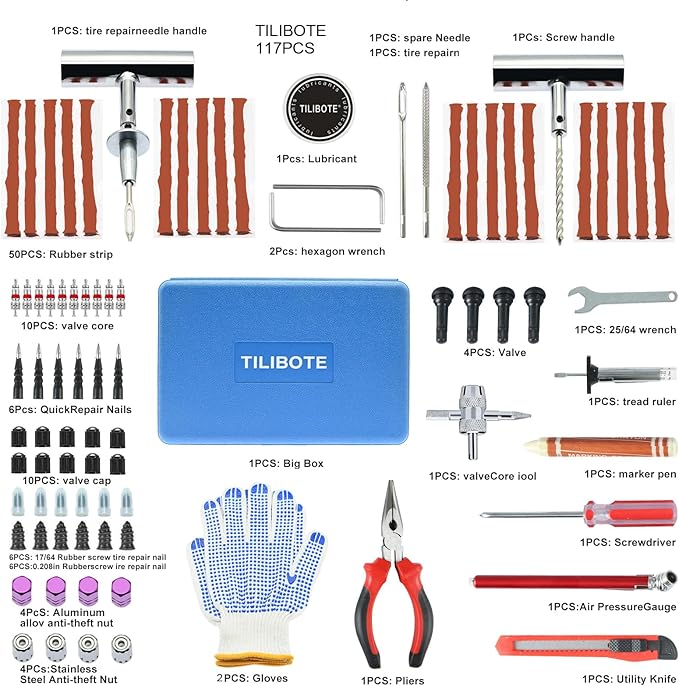 TILIBOTE Tire Repair Kit,117pcs Heavy Duty Tire Plug Kit,with Universal Tire Patch Kit to Plug Flats for Car/Motorcycle/Truck/Tractor/Trailer/RV/ATV