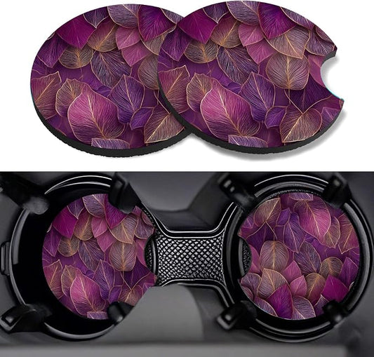 Car Cup Coasters,2 Pack Car Coaster,2.75inch Anti Slip and Absorbent Cars Coasters for Cup Holders,Neopren Accessories for Women,Cute Decor for Women (Purple Leaves)