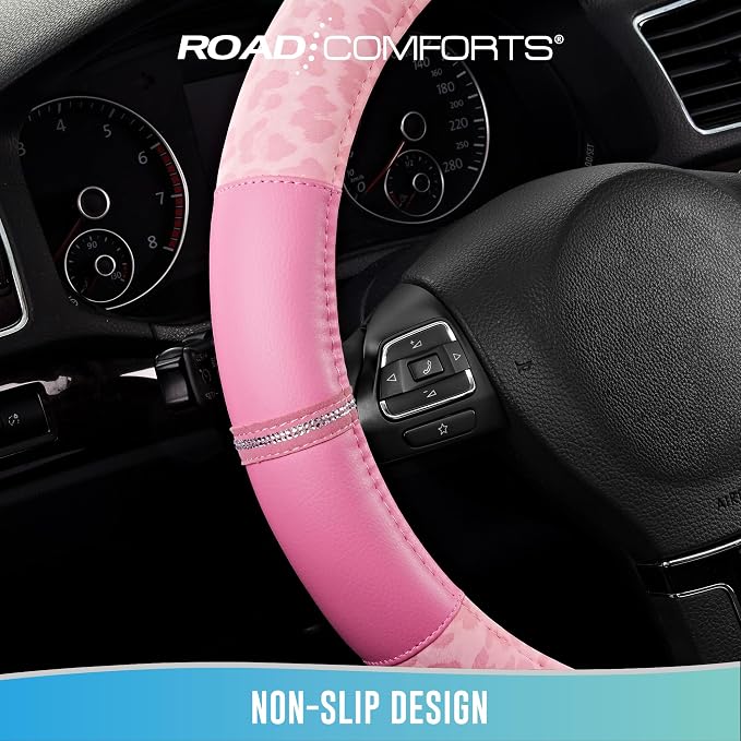Road Comforts Leopard Steering Wheel Cover for Women, Cute Anti-Slip Microfiber Leather, Universal Fit 14.5-15 Inch Round Steering Wheel - Full Pink