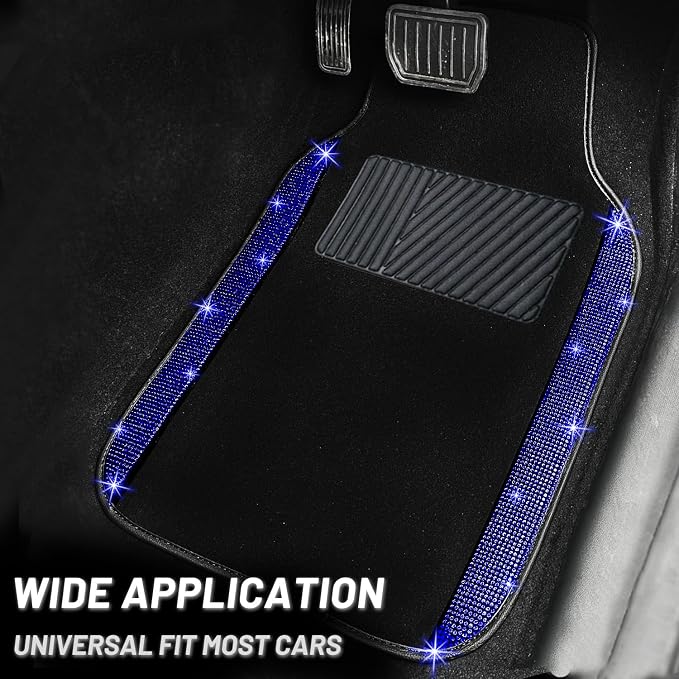 NBTEPEM Bling Car Floor Mats Full Set and Steering Wheel Cover, Universal Fit Most Cars, 4 pcs Sparkle Glitter Diamond Carpet, 5 pcs Bling Car Accessories Set for Women (Blue Diamond)