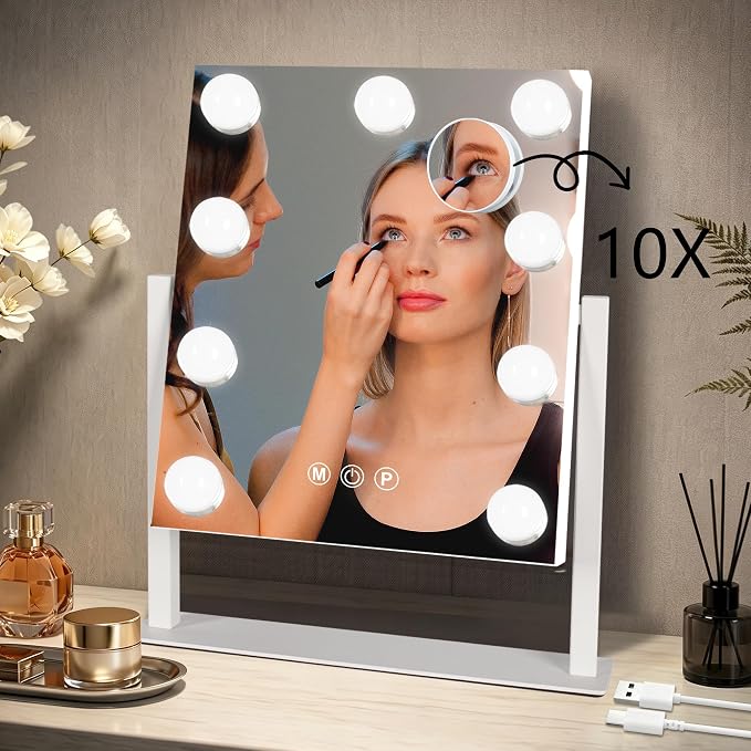 Ratsamee Rechargeable Hollywood Vanity Mirror with Lights, 13"×15" LED Makeup Mirror, Smart Touch Control, Makeup Mirror for Bedroom, Vanity Desk, Beauty Routine