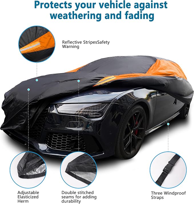MORNYRAY Waterproof Car Cover All Weather Snowproof UV Protection Windproof Outdoor Full car Cover, Universal Fit for Sedan (Orange, A4-Fit Sedan Length(186-193 inch)