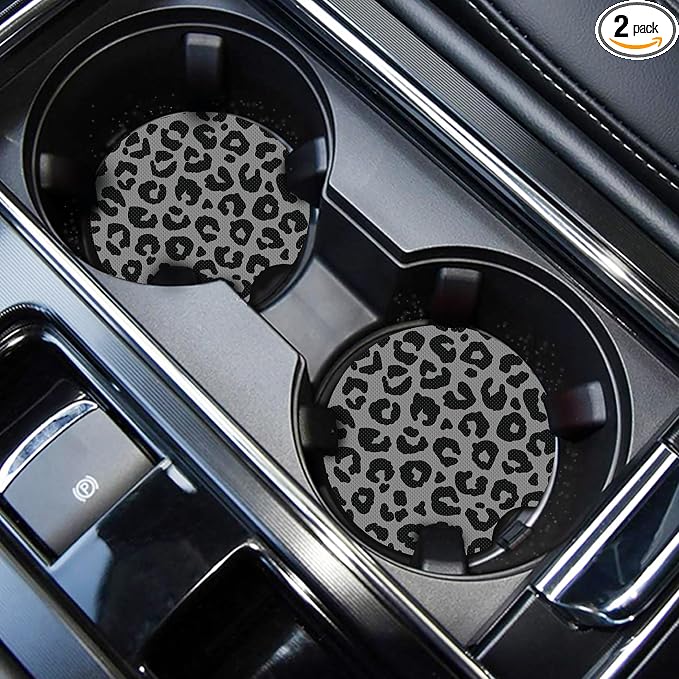WOCOCN Cute Cup Holder Coasters for Your Car with Fingertip Grip, Auto Accessories for Women & Men,Pack of 2(Gray Leopard)