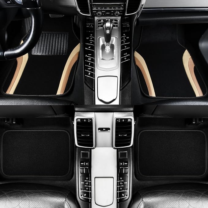 CAR PASS Beige Leather Car Floor Mats, Sporty Waterproof Car Carpet,Universal Automotive Floor Mats Fit for Sedans, Cars, Mid Trucks, Vans, SUV, Set of 4 (Black and Beige)