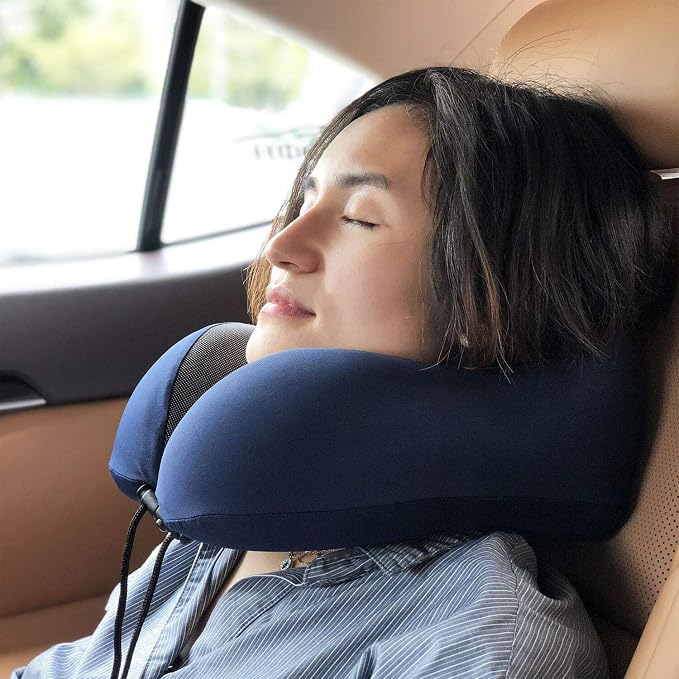 MLVOC Neck Pillow for Traveling, Upgraded 100% Pure Memory Foam Travel Neck Pillow for Airplane Flight Sleep, Breathable & Machine Washable Cover, Travel Kit with 3D Eye Mask, Earplugs & Bag, Blue | memor foam
