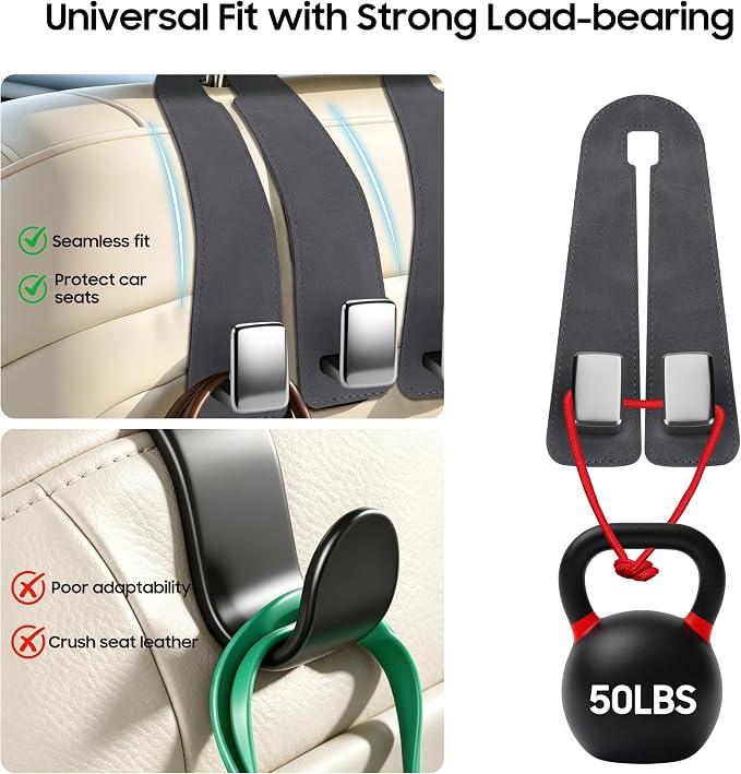 Amooca Car Headrest Hooks, Premium Suede with Metal Car Seat Back Storage Hooks for Handbag Coats Umbrella Backpack - 2 Pack, Gray