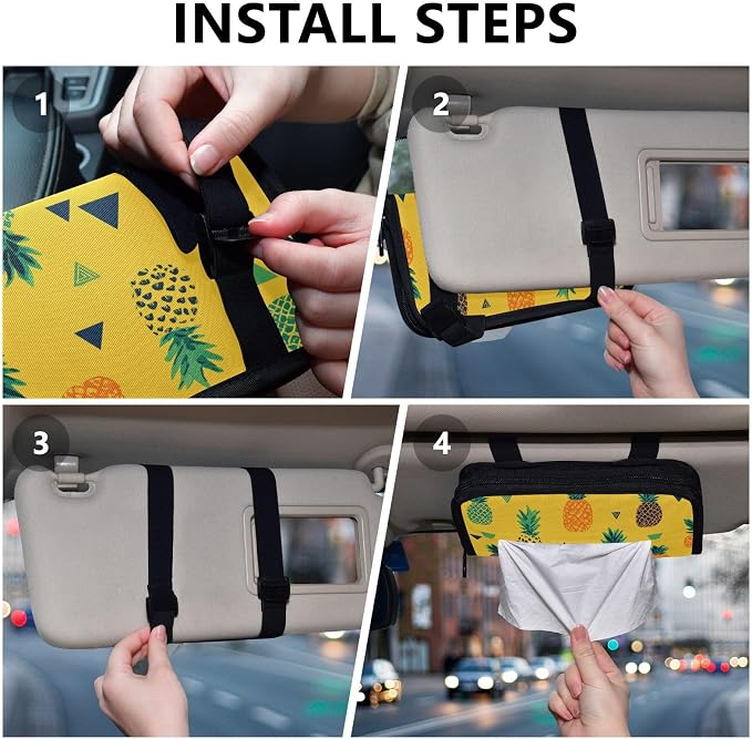 Car Visor Tissue Holder Mask Holder for Car, Car Tissue Box Sun Visor Napkin Holder Car Visor Accessories Adjustable Straps Reusable Durable Easy to Install Yellow Tropical Pineapples and Tri