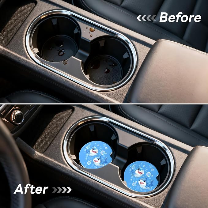 Car Cup Holder Ceramic Coasters 2 Pack, 2.56 in Anti Slip Absorbent Coaster with Cork Base and Finger Notch, Funny Cute Car Accessories Interior for Women, Dolphins