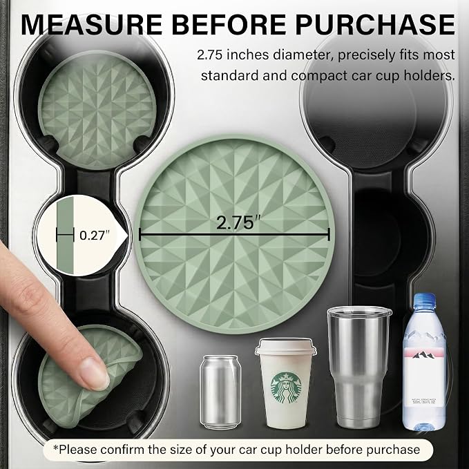 Car Coasters Silicone [4 Pack] 2.75in Universal Mats Non-Slip, Embedded Car Interior Accessories, Car Cup Holders Insert Coasters Decor，Sage Green