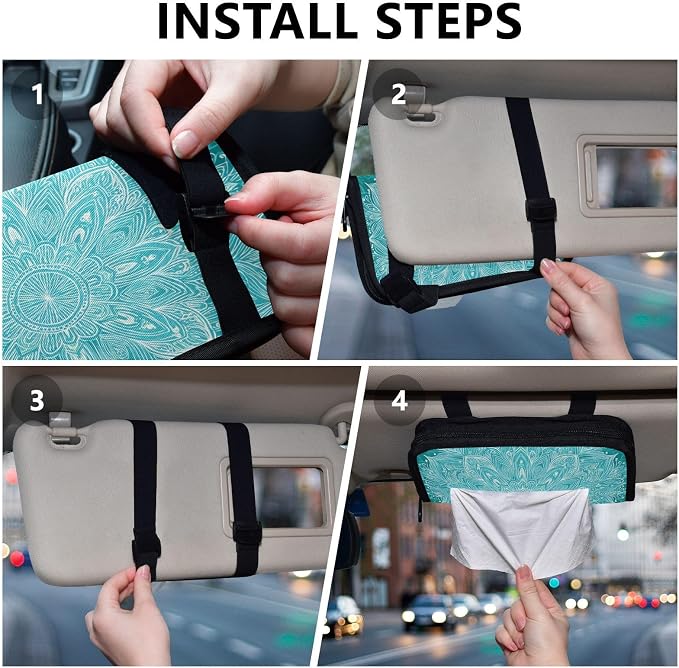Car Tissue Holder Car Napkin Holder Tissue Box Dispenser Storage Case Sun Visor Mask Holder Accessories with Adjustable Straps Reusable Refillable Vintage Turquoise Mandala