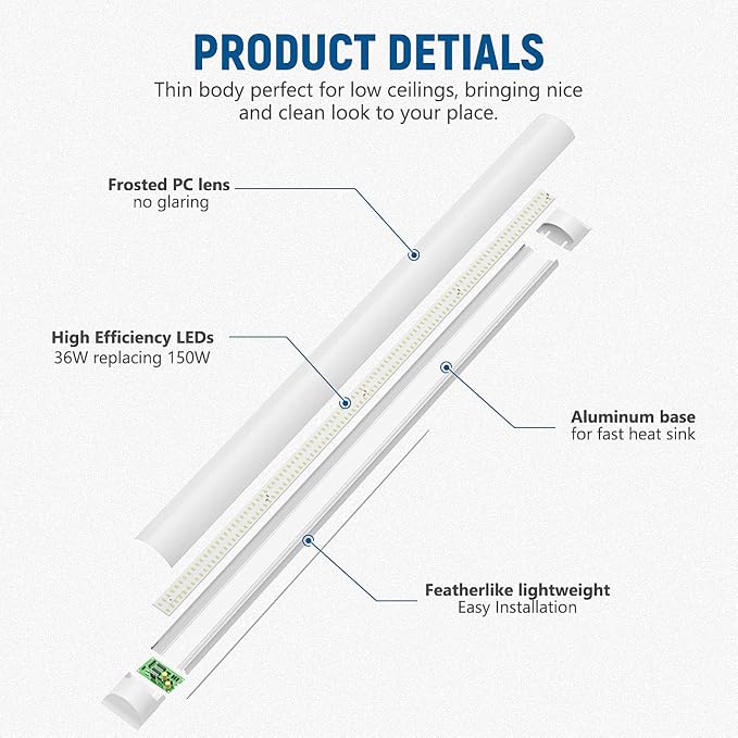 DAKASON 8-Pack 4FT LED Closet Light Fixture, 4-Foot Flush Mount Garage Ceiling Lighting 36W 4320lm, 48in Flat Panel Lights Hardwired for Basement, Kitchen, Utility, 3/4/5000K No Plug