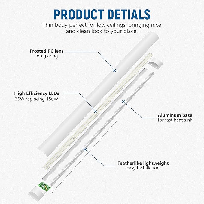 DAKASON 4-Pack 4FT LED Closet Light Fixture, 4-Foot Flush Mount Garage Ceiling Lighting 36W 4320lm, 48in Flat Panel Lights Hardwired for Basement, Kitchen, Utility, 3/4/5000K No Plug