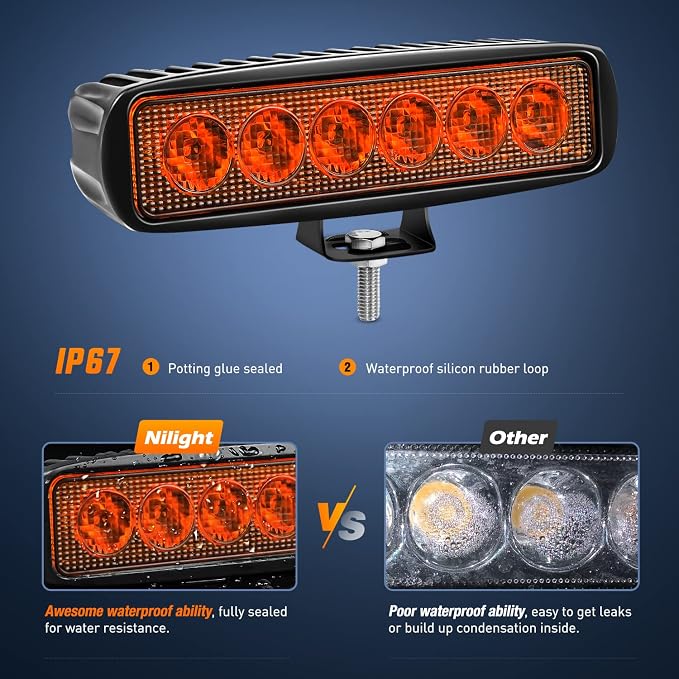 Nilight 6 inch Amber LED Light Bar 2PCS 18W Spot Driving Fog Single Row Off Road Boat Lights Driving Bumper Reverse Lighting for Trucks SUV ATV UTV Golf Cart
