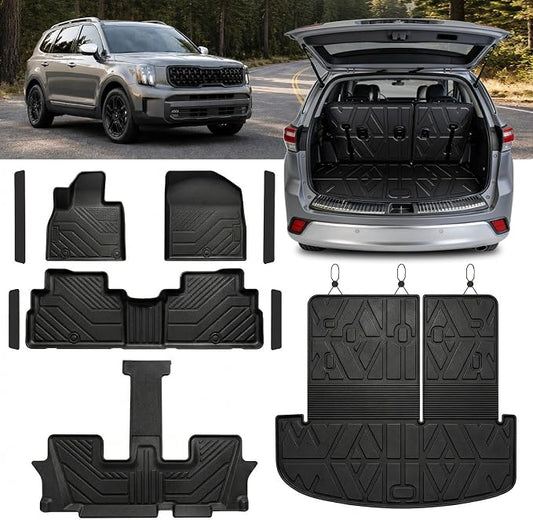 TPE Floor Mats Set for Kia Telluride 2025 2024 2023 2022 2021 2020, All Weather TPE Custom Fit Floor Liners & Cargo Liner & Backrest Mats (Fit 7/8 Seats)