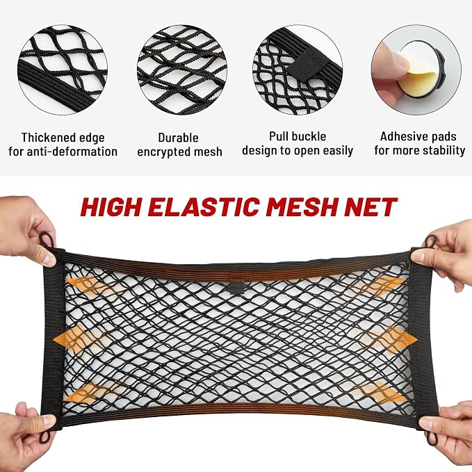 RED WOLF Universal Cargo Net Pocket Elastic Netting Car Mesh Pouch for Trunk RV Boats Home Cargo Storage with Screws and Hooks (21.7'' x 9.8'')
