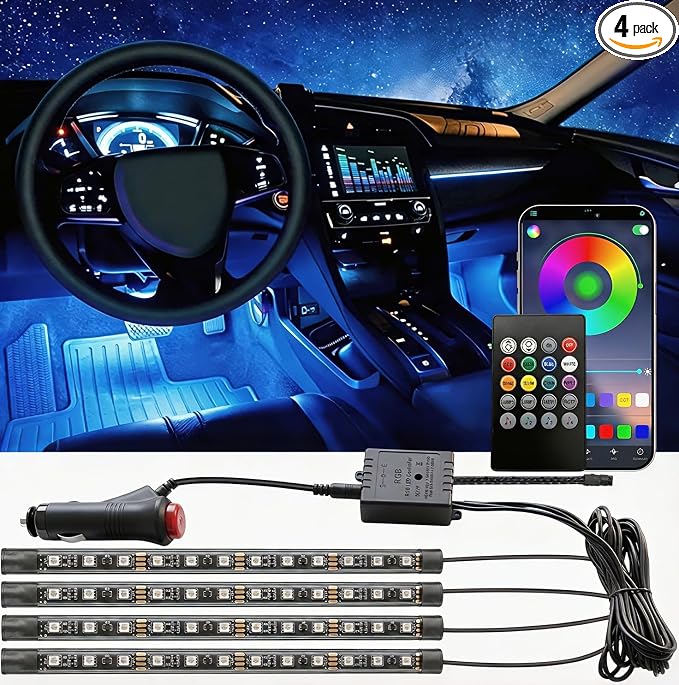 Led Lights for Car, Interior Car Lights, Car Accessories for Women Men | Great Kit For The Money|DIY 16 Million Colors|Music Mic Sync|Bluetooth App Remote Control|RGB 48LED Cigarette Lighter Adapter