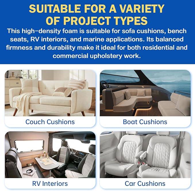 High Density Upholstery Foam Cushion - 4" Thick x 24" x 72", Gel Memory Foam Support Padding for Seat Cushion Replacement, DIY Projects, Sofa Mattress Support