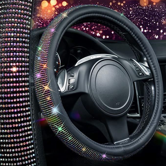 CAR PASS Bling Diamond Leather Steering Wheel Cover, with Bling Sparkly Crystal Glitter Rhinestones Universal Fit 13"1/2-14" Car Wheel Protector for Women Girl Fit Suvs,Vans,Sedans,Trucks, Multicolor