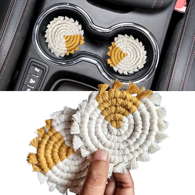 Cotton Car Coasters for Cup Holders, 2PC Car Cup Coasters, Drink Coaster Holder, Cute cupholder Coaster Accessories for Women, Macrame, Boho (Golden Glow)