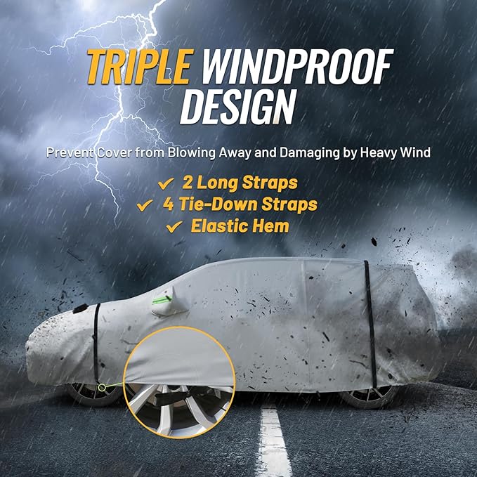 Favoto Car Cover Waterproof All Weather Windproof for SUV 188-198 Inches | UV Protection, Soft Cotton Lining, Driver Door Zipper, Reflective Strips and Storage Bag Included with Vehicle Fitment Silver
