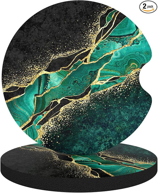 Aiawoxc Car Cup Holder Coasters, 2 Pack Universal Auto Anti Slip Insert Coaster with A Finger Notch, Cute Car Assecories for Women Men, Cup Mat for Most Interior, Luxury Teal Marble
