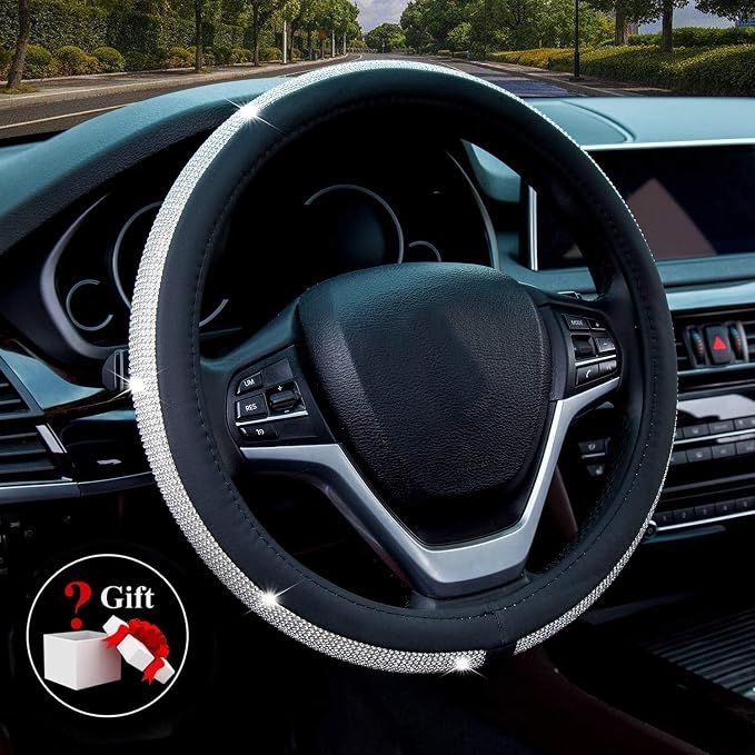 Diamond Leather Steering Wheel Cover with Bling Bling Crystal Rhinestones,Large-Size of 15 1/2 inches-16 inches Black
