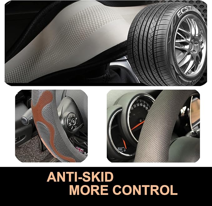 PINCTROT D Shaped Comfy Grip Steering Wheel Cover, Anti-Slip Design, Flat Bottom 14.5-15 Inch(Silicone Brown)