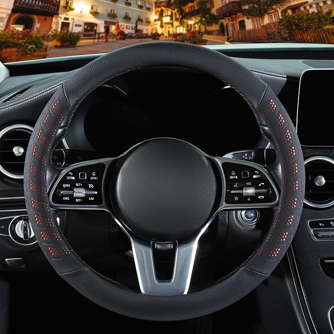 3D Slim Soft 14 inch Leather Steering Wheel Cover Black with Orange | Breathable Anti-Slip Premium Skin-Feel Perforated Thin Nappa Leather, Small 13.5 inch to 14 inch