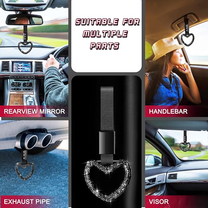 Fabbay Bling Car Accessories Bling Heart Handle Ring Car Accessory for Women Hand Strap Drift Charm Rear Bumper Warning Ring Decor for Auto Bus Interior Exterior Decoration (Black, Heart Style)