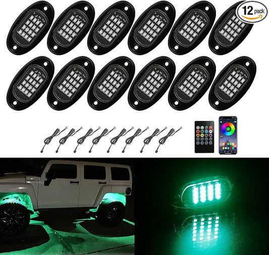 SUNPIE Rock Lights, 12 Pods RGB LED Rock Lights Underglow kit with APP/Remote Control & Music Mode, Waterproof Underglow Light kit for Car Jeep ATV UTV SUV Pickup Off Road RZR