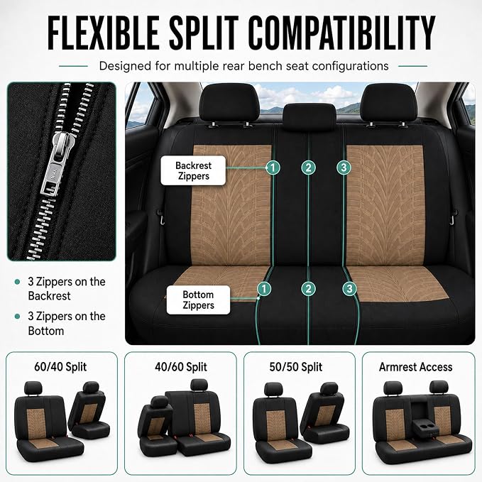 FH Group Car Seat Covers Full Set Premium Cloth - Universal Fit, Automotive, Low Back Front Washable Seat Covers, Airbag Compatible, Split Bench Rear Seat for SUV, Sedan Beige
