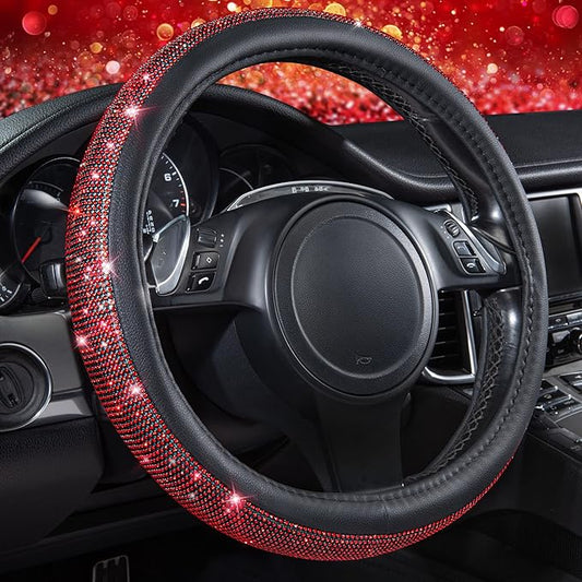 CAR PASS Red Diamond Black Leather Steering Wheel Cover, with Bling Crystal Rhinestones Universal Fit 14" 1/2-15" Crystal Glitter for Women Sparkle Girl Fit Suvs,Vans,Sedans,Cars,Trucks, Red Diamond