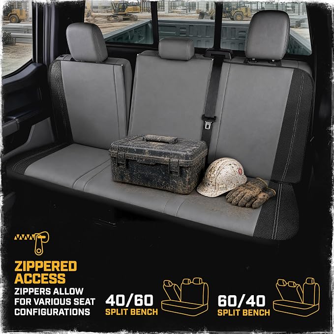 CAT Leather Seat Covers Full Set for Full-Size Pickup Trucks Only - Gray | Front Bucket Seat Covers & 60/40 Split Rear Bench Protector – Interior Accessories For F-150, Silverado, Ram, Sierra & Tundra
