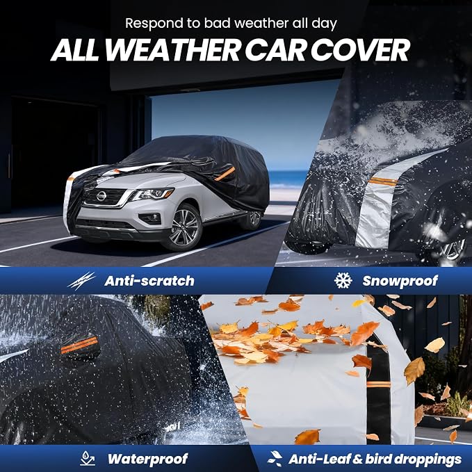 Multi-Layer Car Cover Custom Fit for Nissan Pathfinder(2004-2026), 100% Waterproof All Weather for Automobiles, Gift with Towel, Heavy Duty Car Covers for Rain Sun UV Protection with Door Zipper