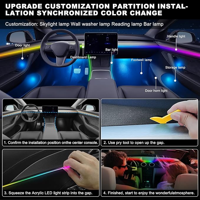 Dreamcolor Acrylic Interior Car LED Strip Light with USB/Type C, 10 in 1 with 175 inches 600 LEDs Ambient Lighting Kits, Sound Active Function Neon Accessories