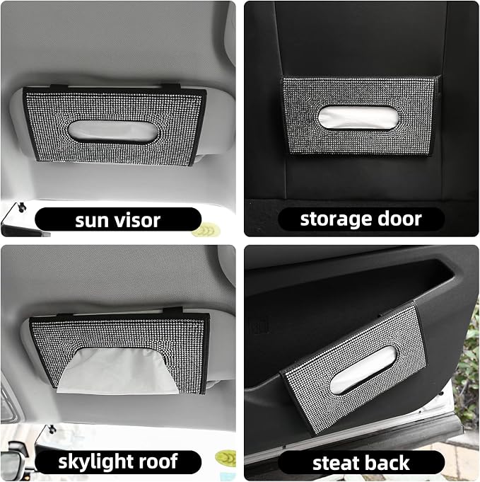 ChuLian Bling Bling Car Visor Tissue Holder Leather Crystals Paper Towel Cover Case & Glitter Sunglasses Clip for Women Black