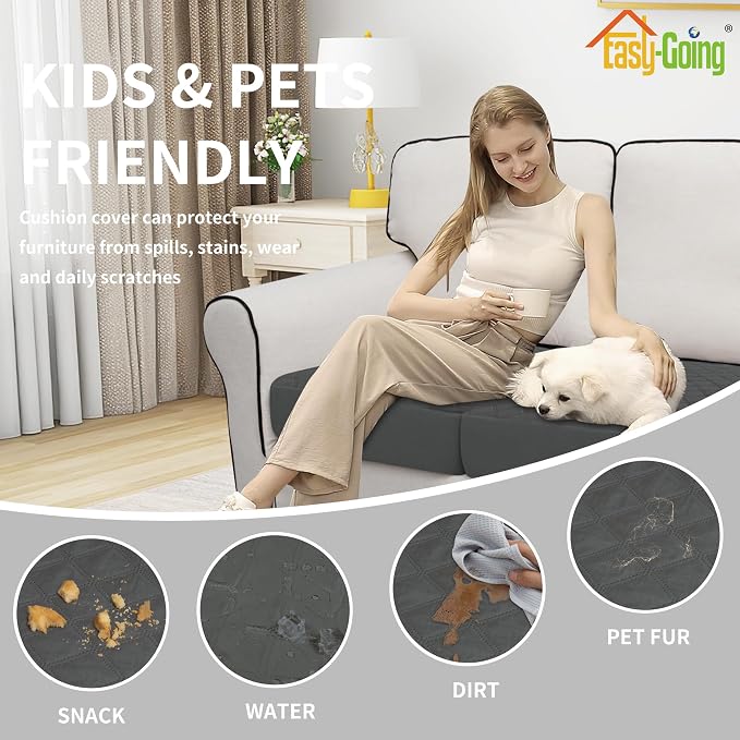 Easy-Going Waterproof Couch Cushion Covers, Non-Slip Leakproof Sofa Seat Cushion Slipcovers, Quilted and Stretch Furniture Protector for Dogs, Pets (2-Piece Sofa Cushion, Dark Gray)
