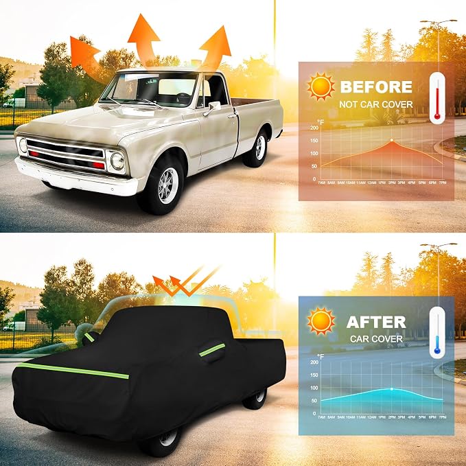 QUNSUNUS Car Cover for Chevrolet C10 C20 K10 K20 1960-1991 Standard Cab 6.5Ft Short Bed, Waterproof C10 Truck Cover with Zipper, Car Covers All Weather with Wind, Sun, UV and Dust Protection