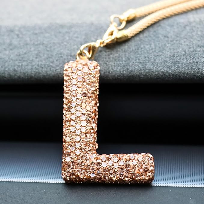 Bling Car Accessories for Women Letter Charm, Rainbow Crystal Rearview Mirror Pendant, Cute Diamond Rhinestone Car Decor, Lucky Gift for Women(L, Champagne Gold)