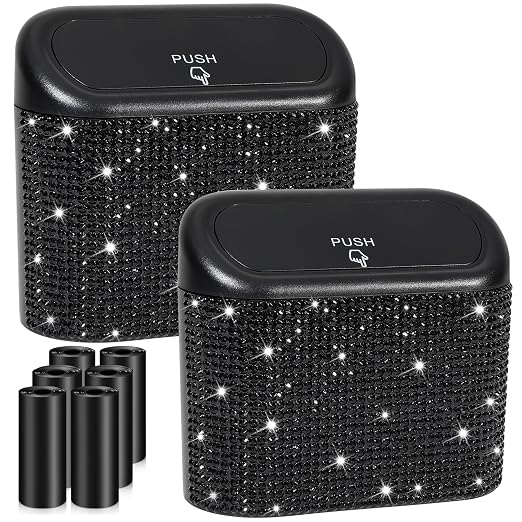 Accmor 2 Pack Bling Car Trash Can with Lid, Small Garbage Can, Auto Garbage Storage Bin with 90pcs Garbage Bags, Sparkling Crystal Trash Bags Holder for Car, Home, Office Storage (Black Rhinestone)