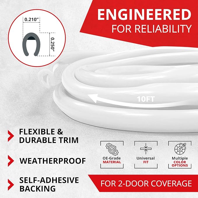 All-Fit Automotive Car Door Edge Protector – Universal DIY Edge Trim to Prevent Scratches & Dings – Flexible Adhesive Molding Trim for Cars, Trucks & SUVs (10 Ft - White)