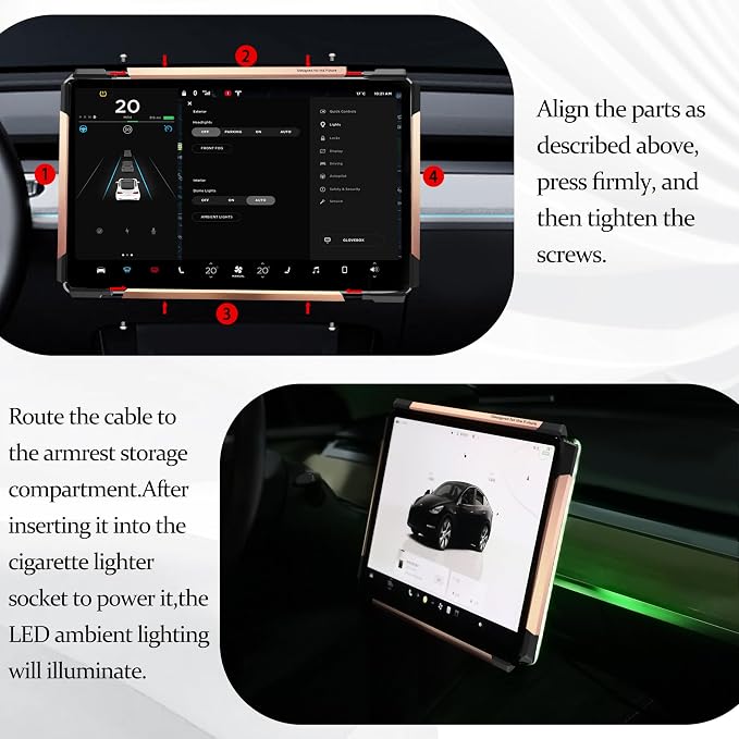 Screen Ambient Light for Tesla Model 3/Y, Rose Gold | 2017-2023 Model 3, 2020-2024 Model Y, Interior Lighting, Screen Metal Protector Case