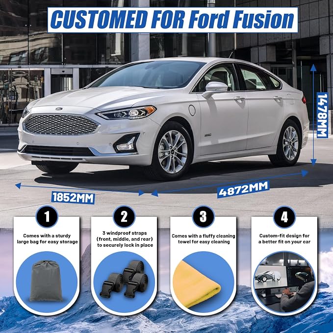 Car Cover Custom Fit for Ford Fusion Sedan (2005-2026) | Waterproof All Weather for Automobiles Full Exterior Cover Rain Sun Snow UV Protector.