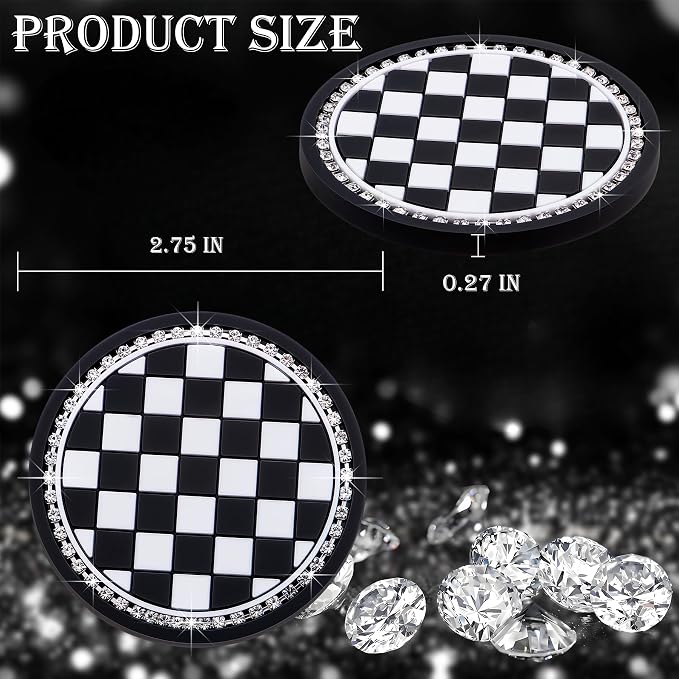 4PCS Car Cup Holder Coasters – Sparkly Bling Design, 2.75 Inch Silicone Insert, Anti-Slip & Shockproof, Fits Most Vehicles (Checkerboard)