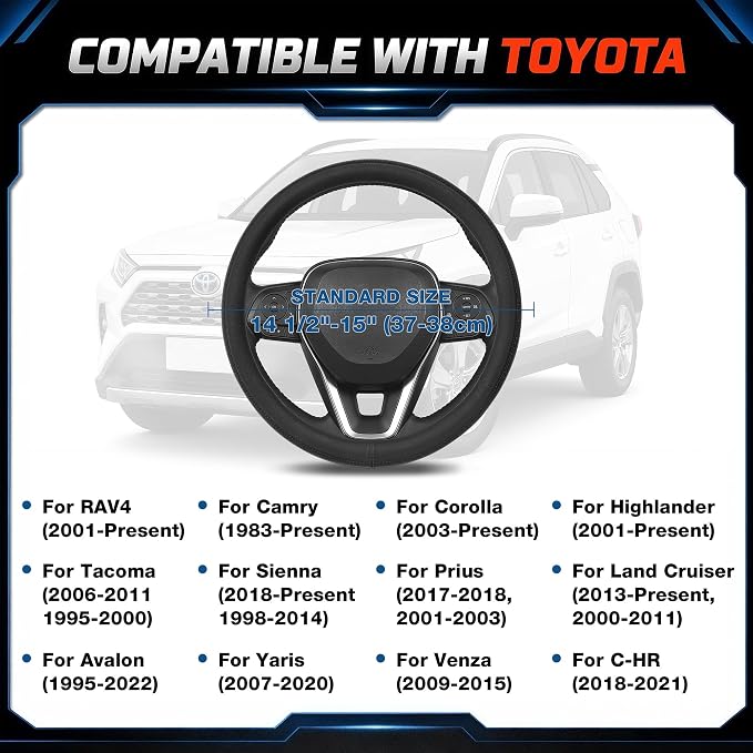 Steering Wheel Cover for Toyota RAV4, Camry, Corolla, Tacoma, Highlander, Sienna, Fit 14.5-15" Wheels, Standard Size (Black)